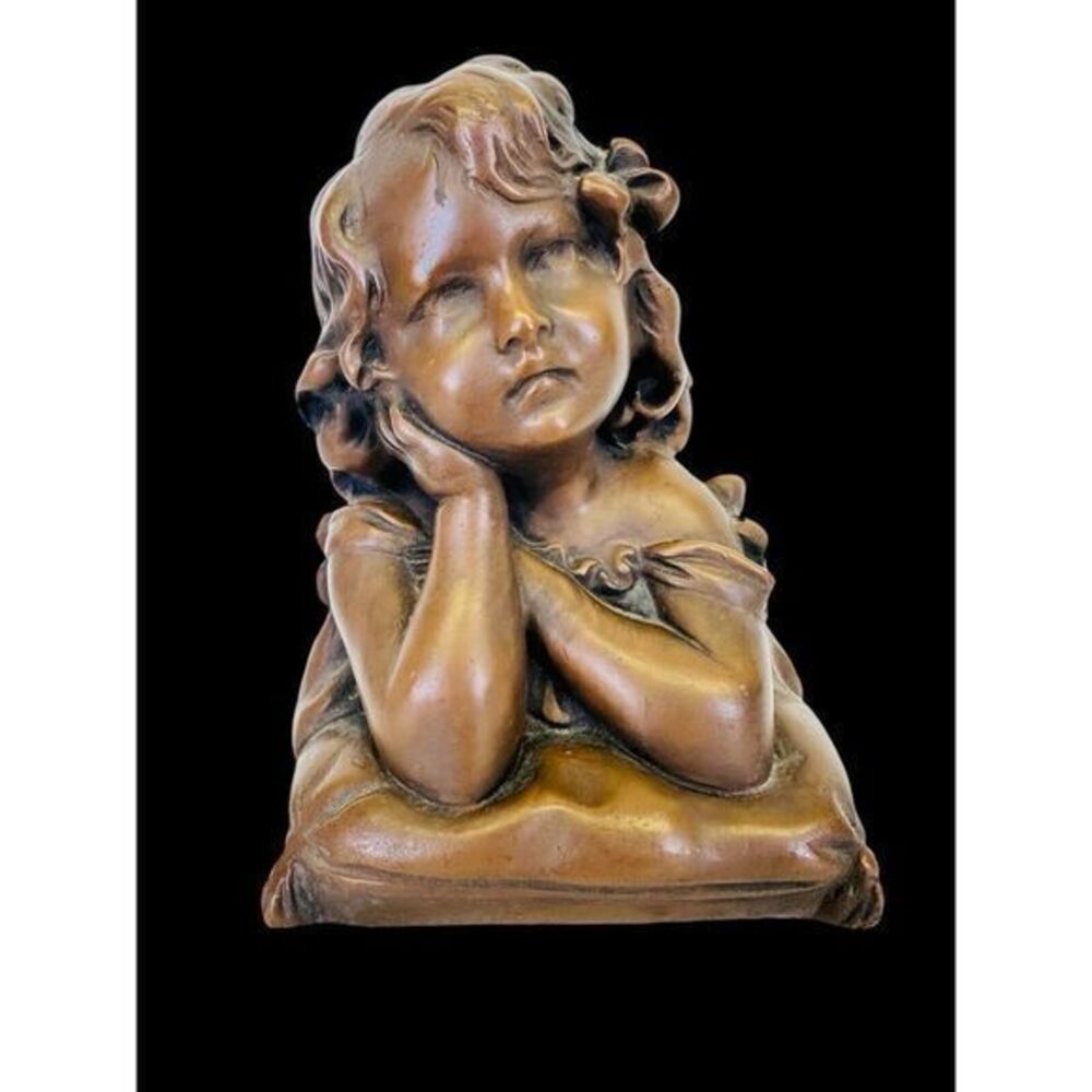 Vintage Plaster Bust of Young Girl on Pillow Statue Sculpture Sweet Little Girl